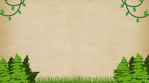 Tan paper with subtle grid background, bordered by green coniferous trees and gr Illustrazione stock