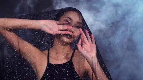 Tan Skin Asian Woman black hair dark lip with Dense White Smoke Stock Footage