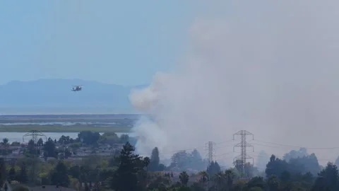 Tan Smoke Column Rises From a Burning Marsh Behind Power Lines, Napa County 스톡 동영상 342462266