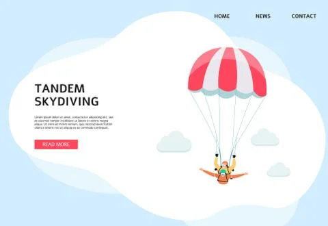 Tandem skydiving website banner - two cartoon people flying with parachute Stock Illustration