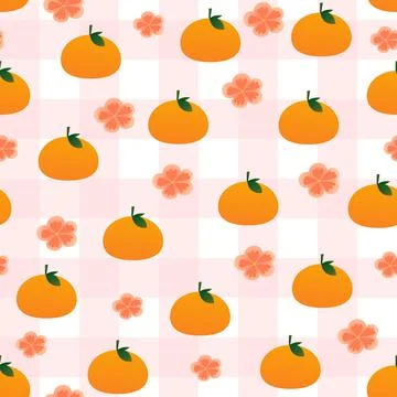Tangerine checked seamless pattern with flower blossom on white background fo Stock Illustration