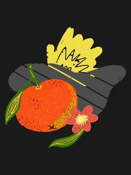 Tangerine composition with spots, postcard on a black background. Grainy text Stock Illustration