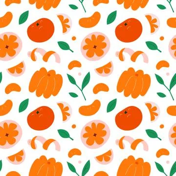Tangerine fruit pattern, whole and slices peeled and unpeeled mandarin or Stock Illustration