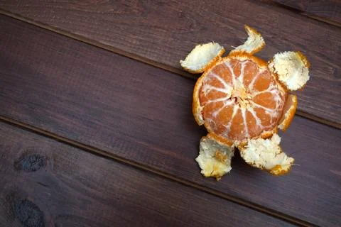 Tangerine transformed into a playful turtle shell resting on wood Stock Photos