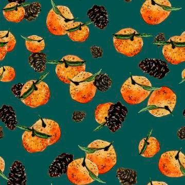 Tangerines and pine cones pattern Stock Illustration