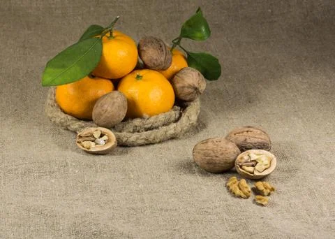 Tangerines and walnuts Stock Photos