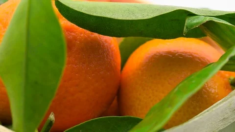 Tangerines with leaves in basket rotates in loop     Stock Footage 70365851
