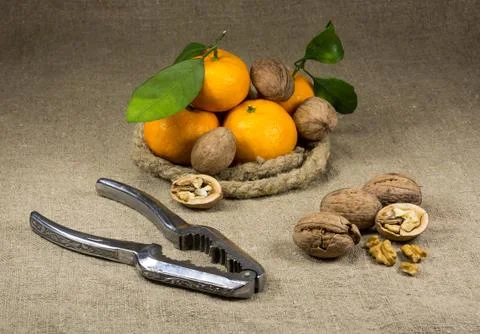 Tangerines, nuts and nutcrackers Stock Photos