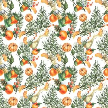 Tangerines with pine branches and cones, champagne in bottles and glasses. Hand Stock Illustration