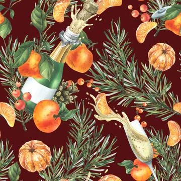 Tangerines with pine branches and cones, champagne in bottles and glasses. Hand イラスト素材