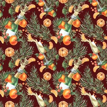 Tangerines with pine branches and cones, champagne in bottles and glasses. Hand イラスト素材