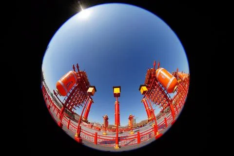 Tangfeng Lantern Fish Eye Effect in Hetou Old Street Scenic Area. Фото