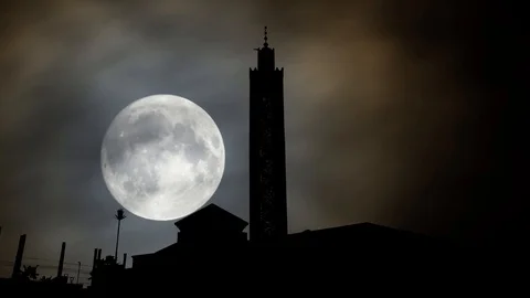 Tangier Grand Mosque, Night with Full Moon in Time Lapse, Tangier, Morocco Stock Footage 112185636