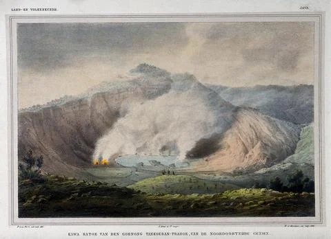 Tangkubanparahu volcano, Java: the Ratu fumarole and crater. Colour lithogr.. Stock Illustration