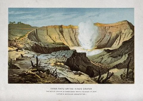 Tangkubanperahu volcano, Java: Kawa Ratu, the active crater. Colour lithogr.. Stock-Illustration