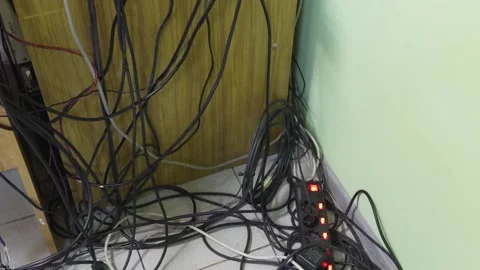 A tangle of electrical wires connected to a power strip, scattered in disar.. Stock Footage 310943069