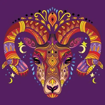 Tangle horned ram vector colorful isolated illustration purple Stock Illustration