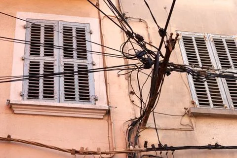 Tangle of wires on the street Stock Photos