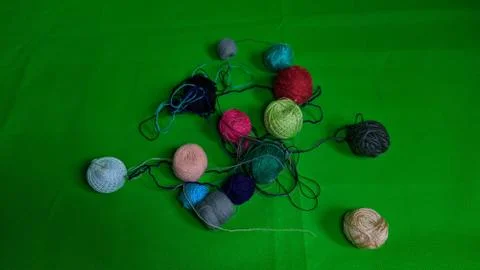 Tangled and colored tangles of thread mouline thread on a chromakey backgroun 写真素材