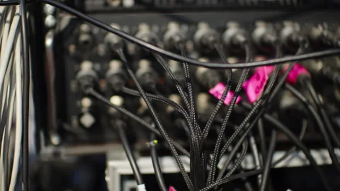 Tangled Audio Cables on XLR Patch Panel in Production Rack Stock Footage 339382687