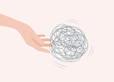 Tangled ball of thread rolling down from hand. Flat vector illustration Stock Illustration