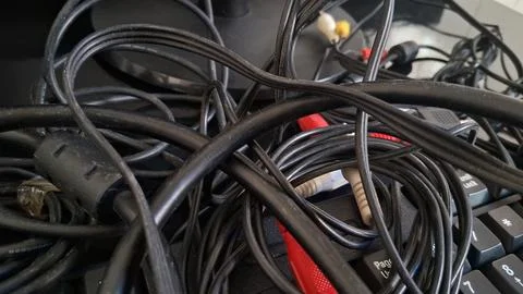 Tangled black computer cables. Messy electronic wires and cords on a desk. Foto stock