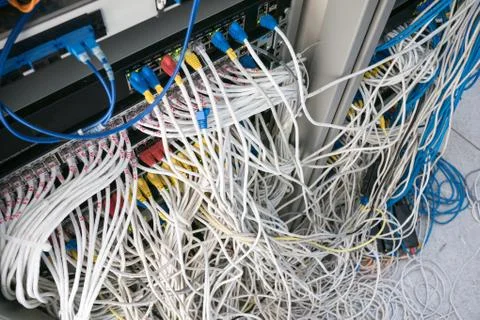 The tangled cable in rack cabinet Stock Photos