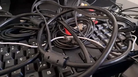 Tangled computer cables and electronic wires. Messy tech cords and peripheral Stock Footage 340241499