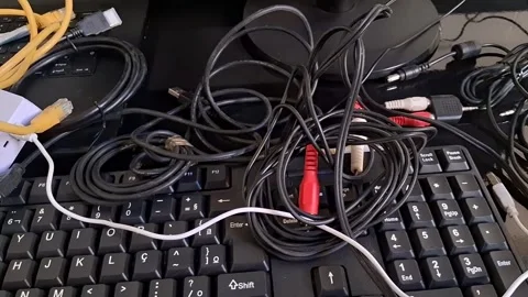 Tangled computer cables and keyboard on a dark surface Stock Footage 340241300