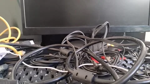 Tangled computer cables on a keyboard. Messy electronic wires and cords on a Stock Footage 340241501