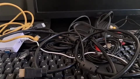 Tangled computer cables on a keyboard. Messy electronic wires and tech hardware Stock Footage 340241513