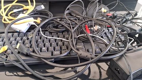 Tangled computer cables on a keyboard. Messy electronic wires and tech hardware Foto stock