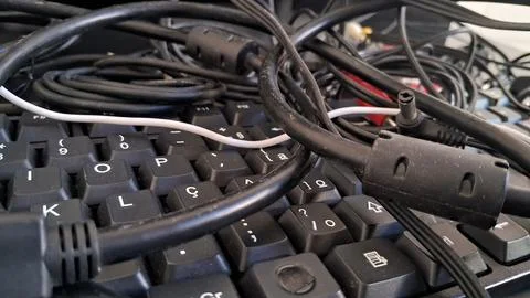 Tangled computer cables on a keyboard. Messy electronic wires and PC hardware Foto stock