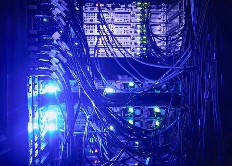 Tangled computer cables in server room Stock Photos