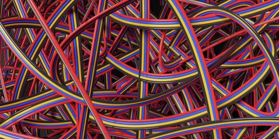 Tangled computer or electronics cable wires background Illustrazione stock