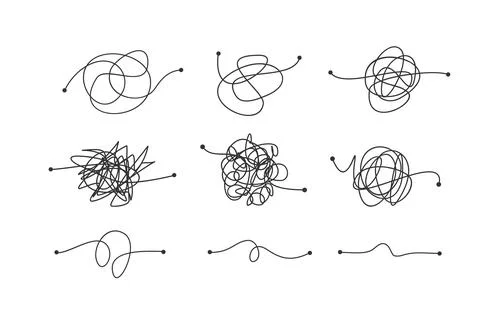 Tangled Confused Scribble Thin Line Arrow Set. Vector Stock Illustration