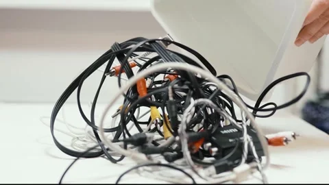 Tangled cords and cables on a table. Stock Footage 319295110