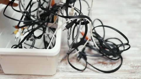 Tangled cords and cables on a table. Stock Footage 319295119