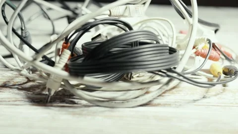 Tangled cords and cables on a table. Stock Footage 319295120