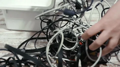 Tangled cors and cables on a table. Stock Footage 319295043
