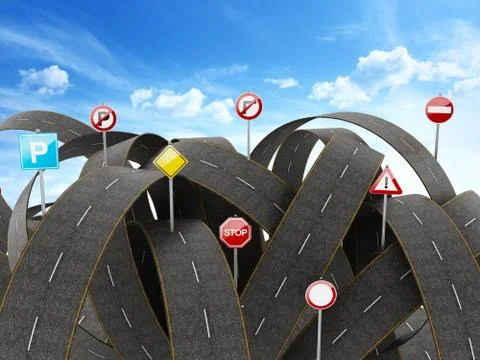 Tangled, crowded, chaotic roads and traffic signs. 3D illustration Stock Illustration