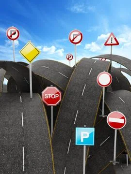 Tangled, crowded, chaotic roads and traffic signs. 3D illustration Stock Illustration