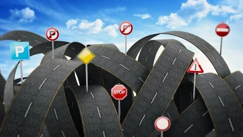 Tangled, crowded, chaotic roads and traffic signs. 3D illustration Stock Illustration