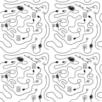 Tangled electric cables seamless pattern - doodle texture illustration vector Stock Illustration