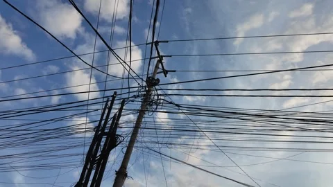 Tangled Electrical Cables and Wires in Complex Network Stock Footage 342090998