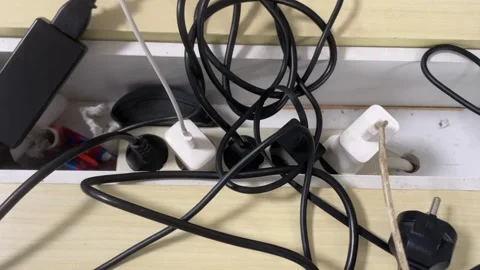 Tangled electrical cords plugged into a power strip on a wooden desk Stock Footage 328341766