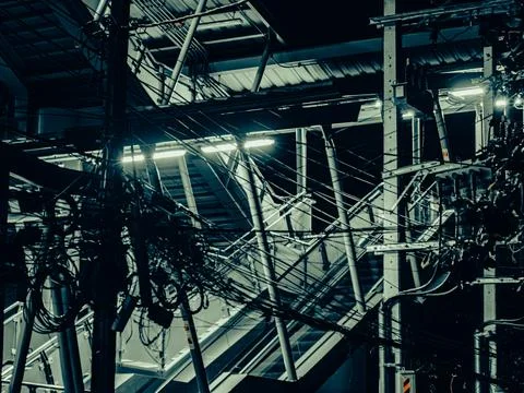 Tangled Electrical Wires and Cables Beneath Train Station at Night Stock Photos