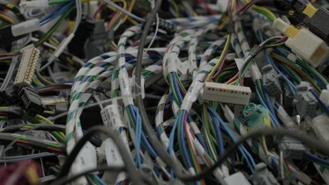 Tangled electronic wires and connectors piled in e-waste recycling facility Stock Footage 335230162