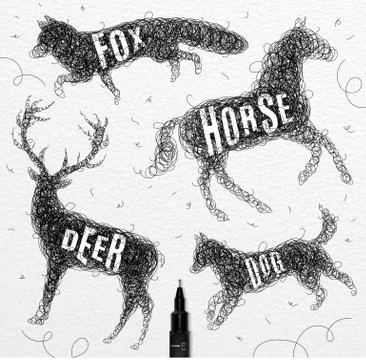 Tangled line deer black Stock Illustration