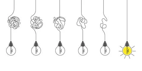 Tangled lines problem solving business metaphor and lamps. Simplicity untangled 스톡 일러스트